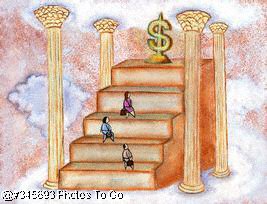 Climbing stairs toward dollar sign